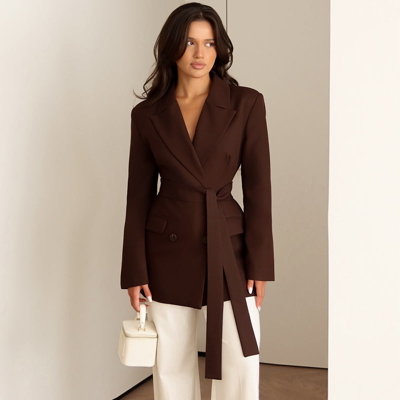 Street-Wave Women's Elegant Tailored Blazer With Scarf, Double-Breasted, Sleek Fit For Work Or Evening
