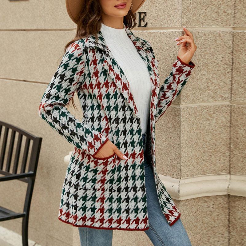 Street-Wave Houndstooth Plaid Coat For Women With Classic Structured Fit And Timeless Style