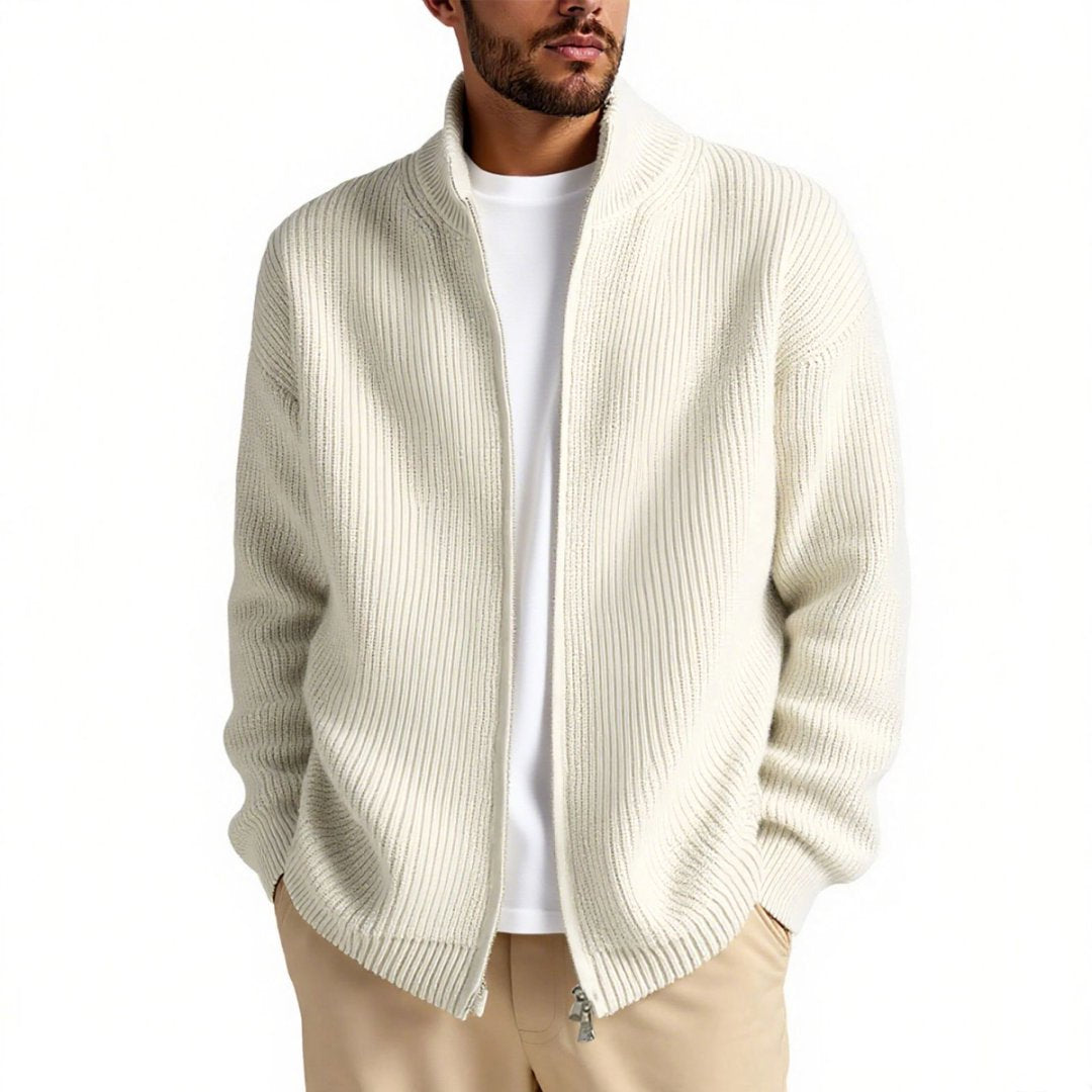 Men's Knit Cardigan With High Collar And Zip Front Street-Wave Premium Warmth For Modern Men