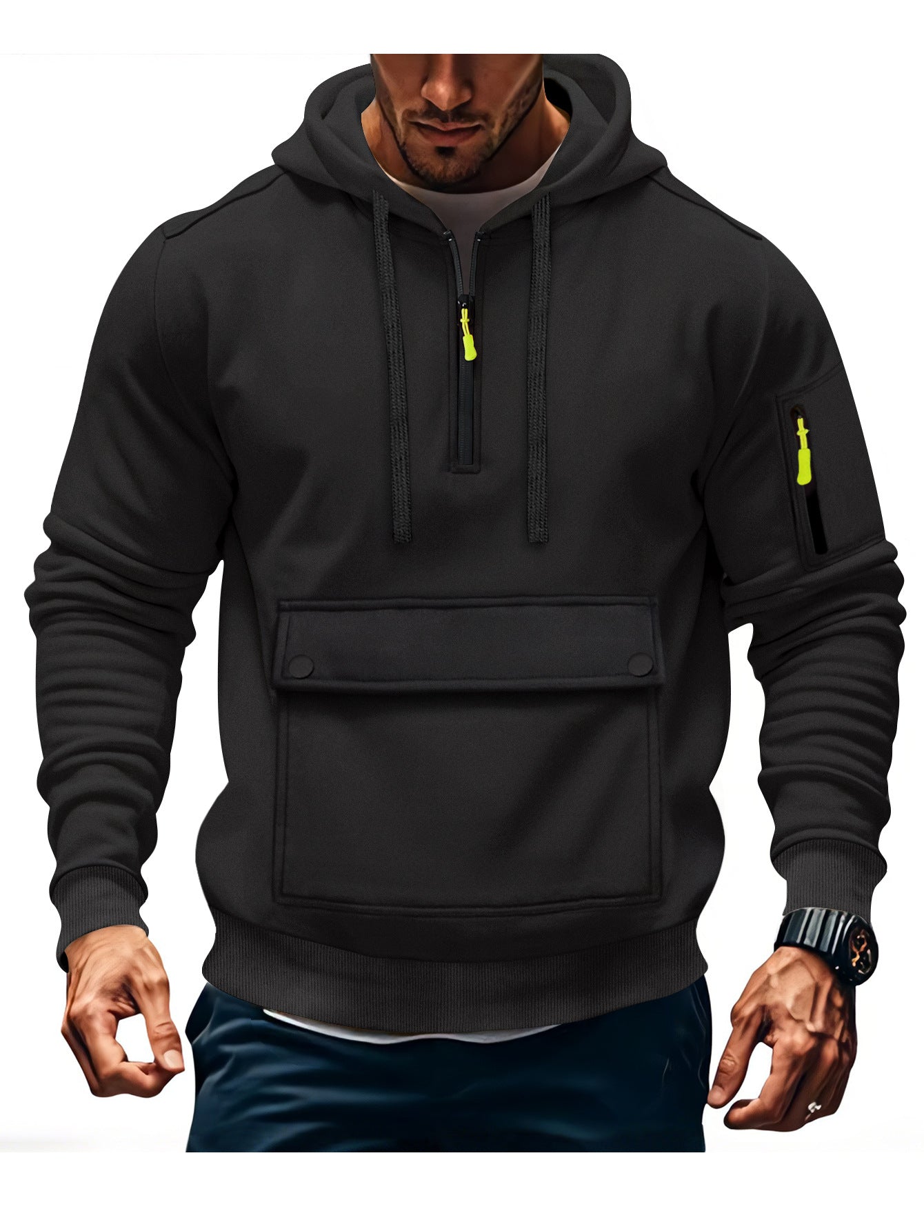 Street-wave Men's Casual Hoodie With Front Kangaroo Pocket And Sleeve Zip Pocket Performance