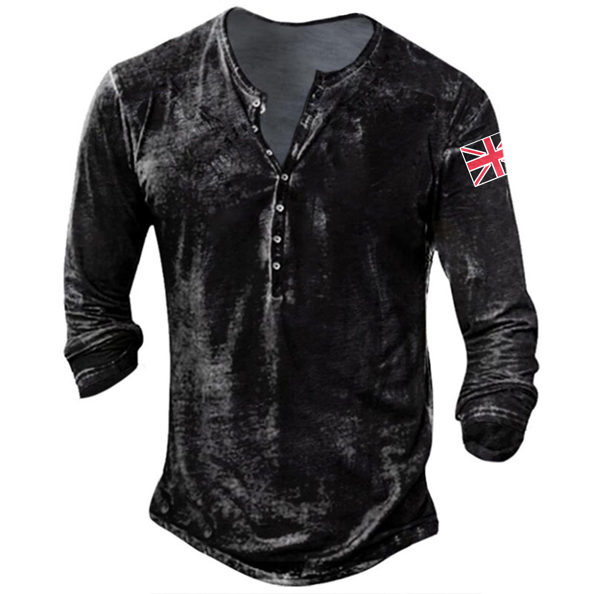 Streetwave Men's Long Sleeve Henley Shirt With Button Placket Union Jack Flag Patch