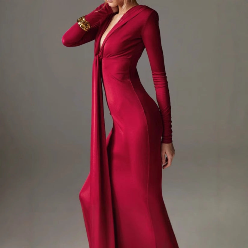 Street Wave Women Elegant Long Sleeve Knot Detail Maxi Dress For Flattering Evening Events