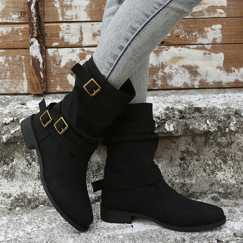Street Wave Women's Rugged Boots With Stylish Buckles For Everyday All Season Outdoor Wear