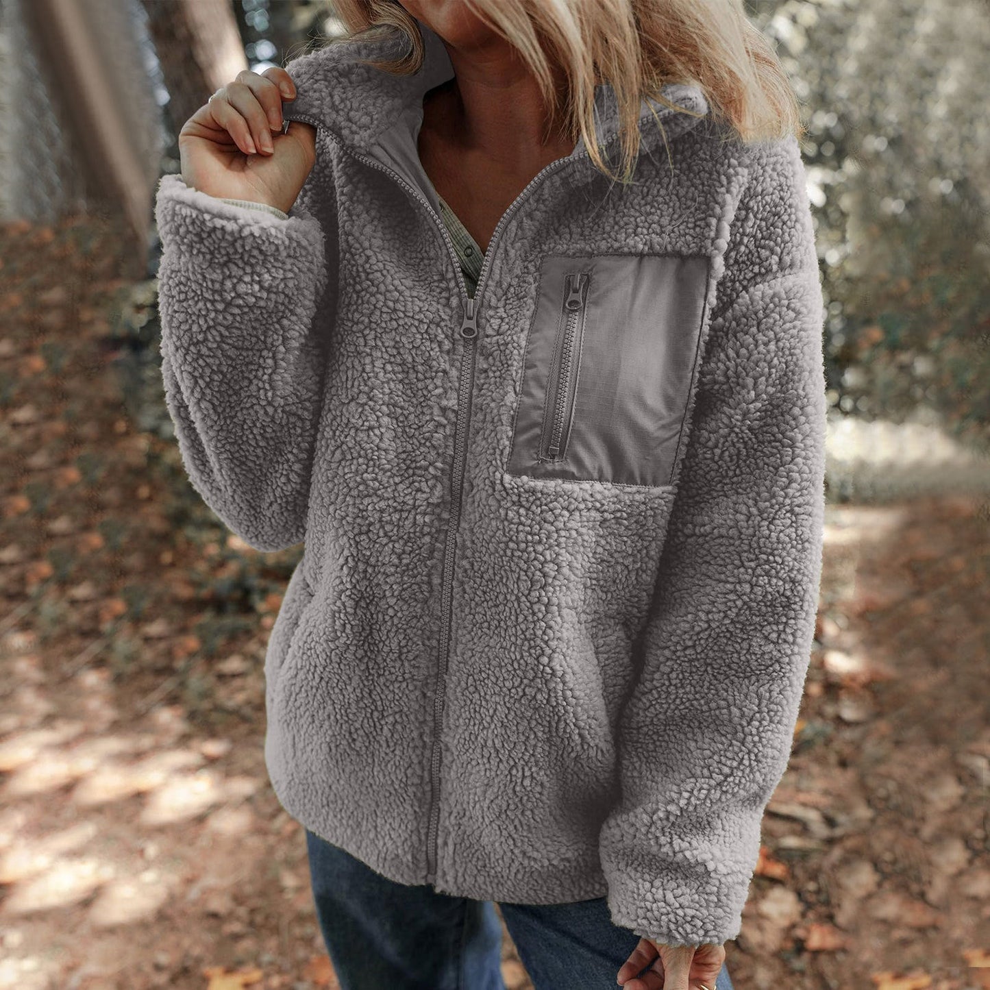 Women Fleece Jacket With High Collar Chest Pocket Streetwave Warm Cozy Everyday Wear