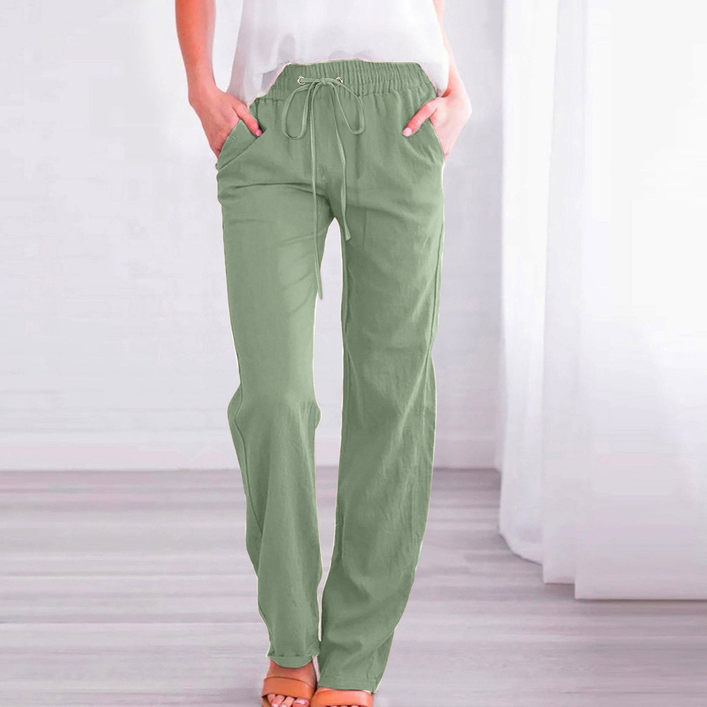 Streetwave Women's Linen Pants With Elastic Waistband And Pockets For All Day Comfort