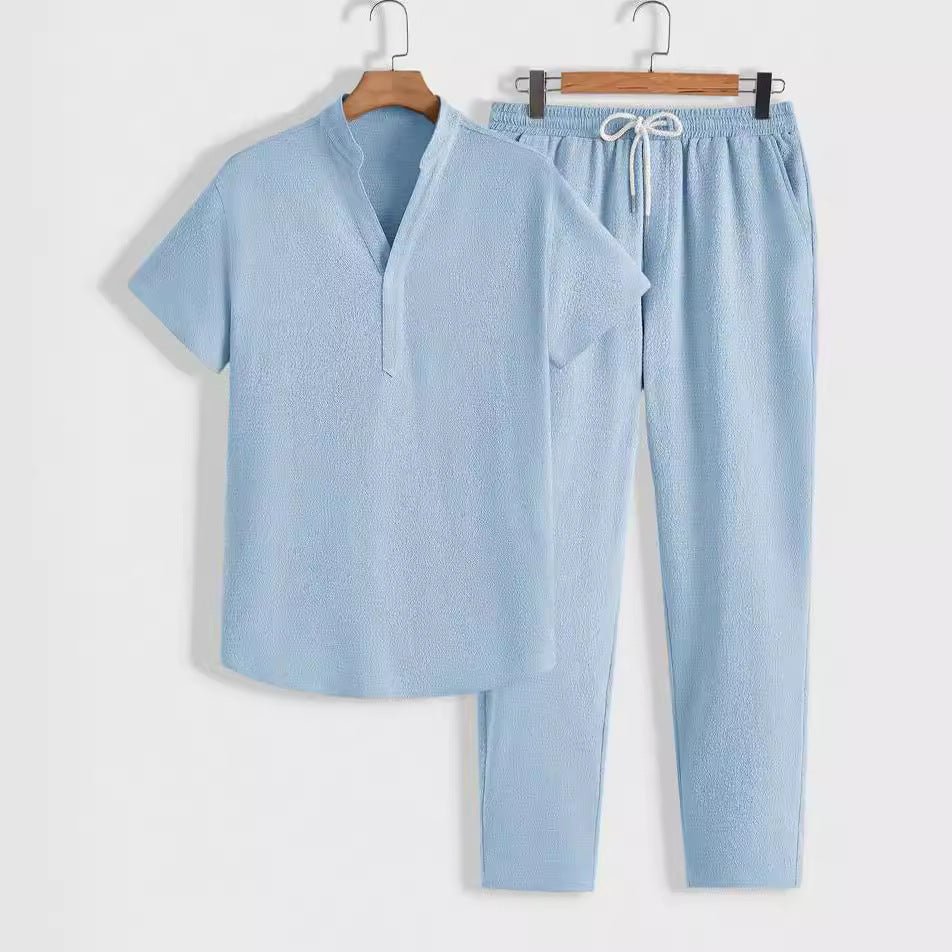Mens Training Set Short Sleeve Top With V Neck Drawstring Pants Relaxed Fit Lounge Wear