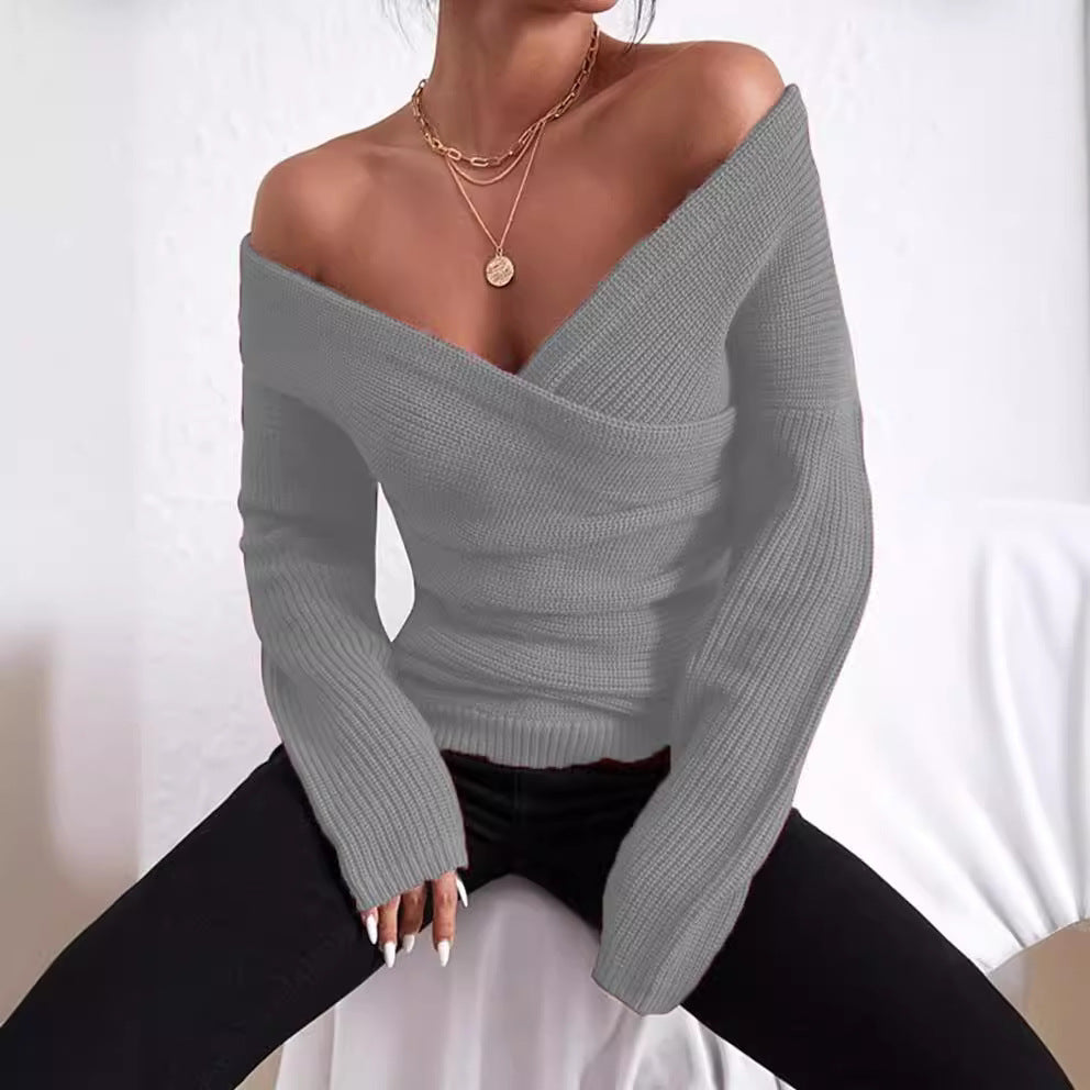 Nordisk-Flair Slim-Fit Off-Shoulder Knit Sweater With Wrap V-Neck For Women