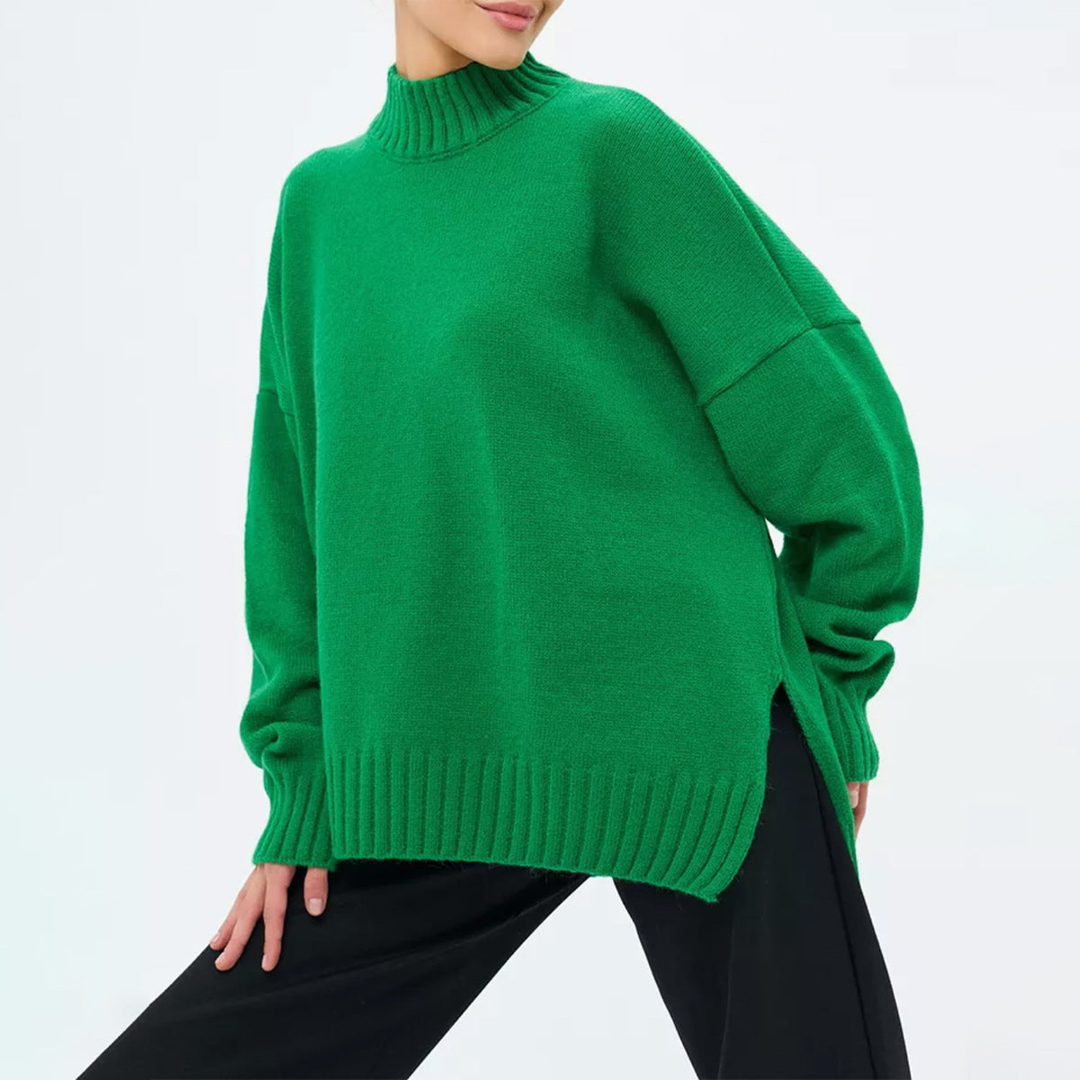 Street Wave Oversized Ribbed Knit Pullover For Women With Effortless Dropped Shoulders And Semi High Neck