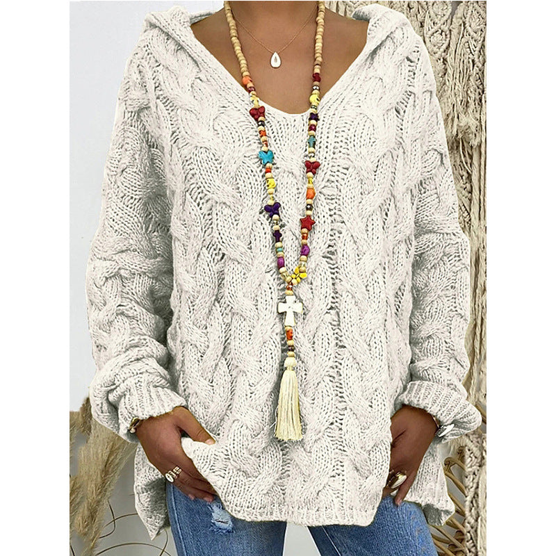 Streetwave Womens Chunky Knit Hoodie With V Neck And Decorative Drawstring For Cozy Everyday Comfort