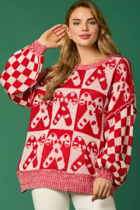 Street-Wave Womens Cozy Christmas Knit Pullover With Red Plaid Pattern For Stylish Holiday Wear