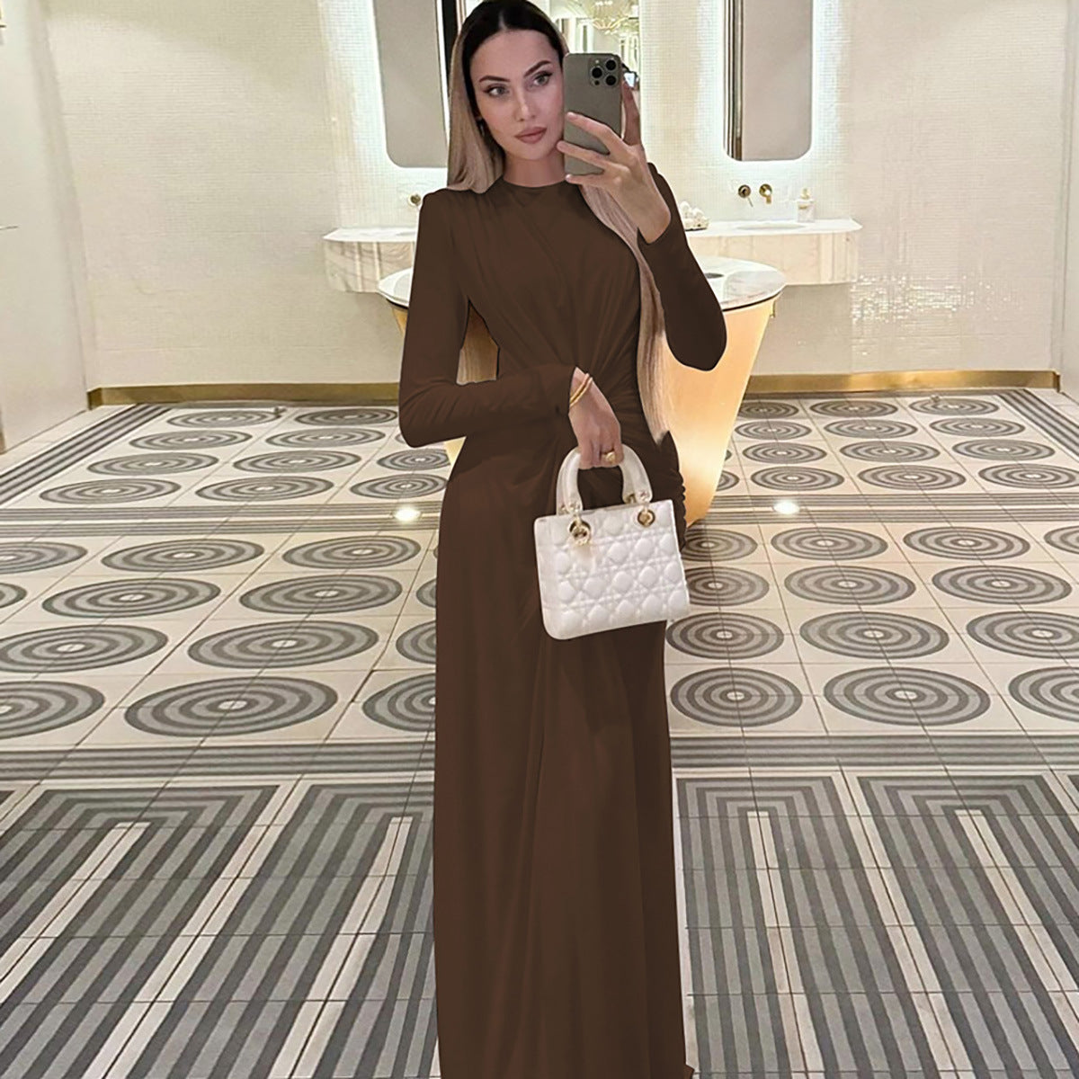 Street Wave Elegant Long Sleeve Ruched Maxi Dress For Special Occasions Flattering Silhouette