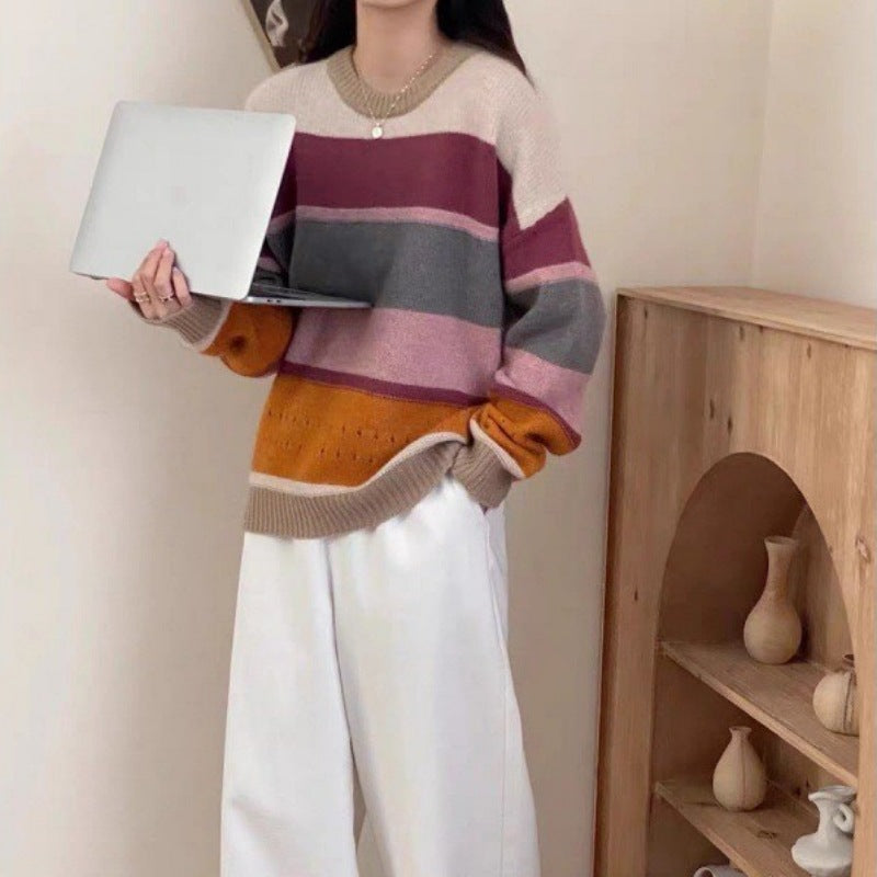 Womens Chunky Knit Sweater With Casual Stripes Streetwave Cozy Soft Comfort For Women