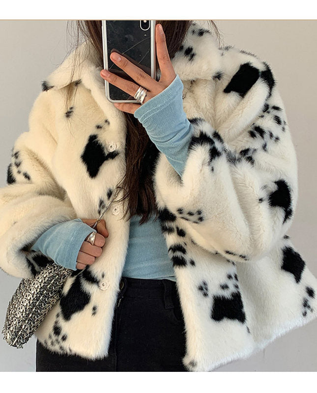 Women's Plush Cow Print Jacket Street Wave Cozy Soft Warmth for Fashion Forward Women