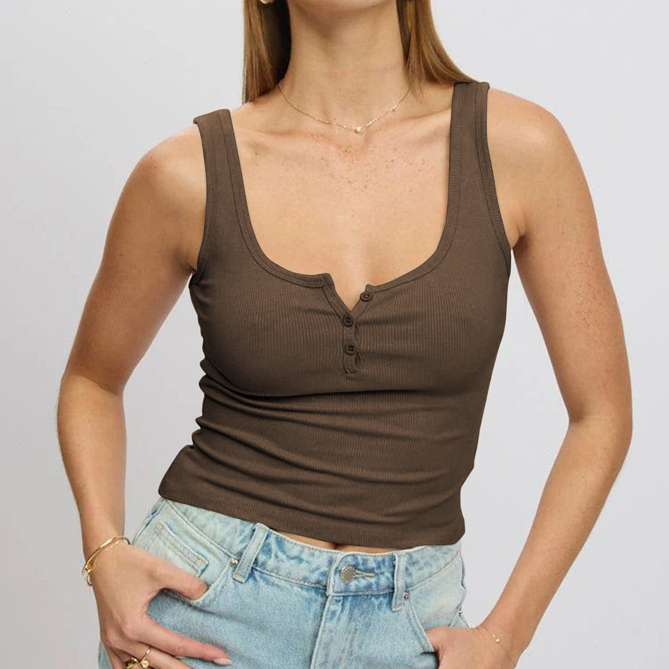 Street-Wave Women's Ribbed Tank Top With Button Placket And Wide Scoop Neck Flattering Fit All Day Comfort