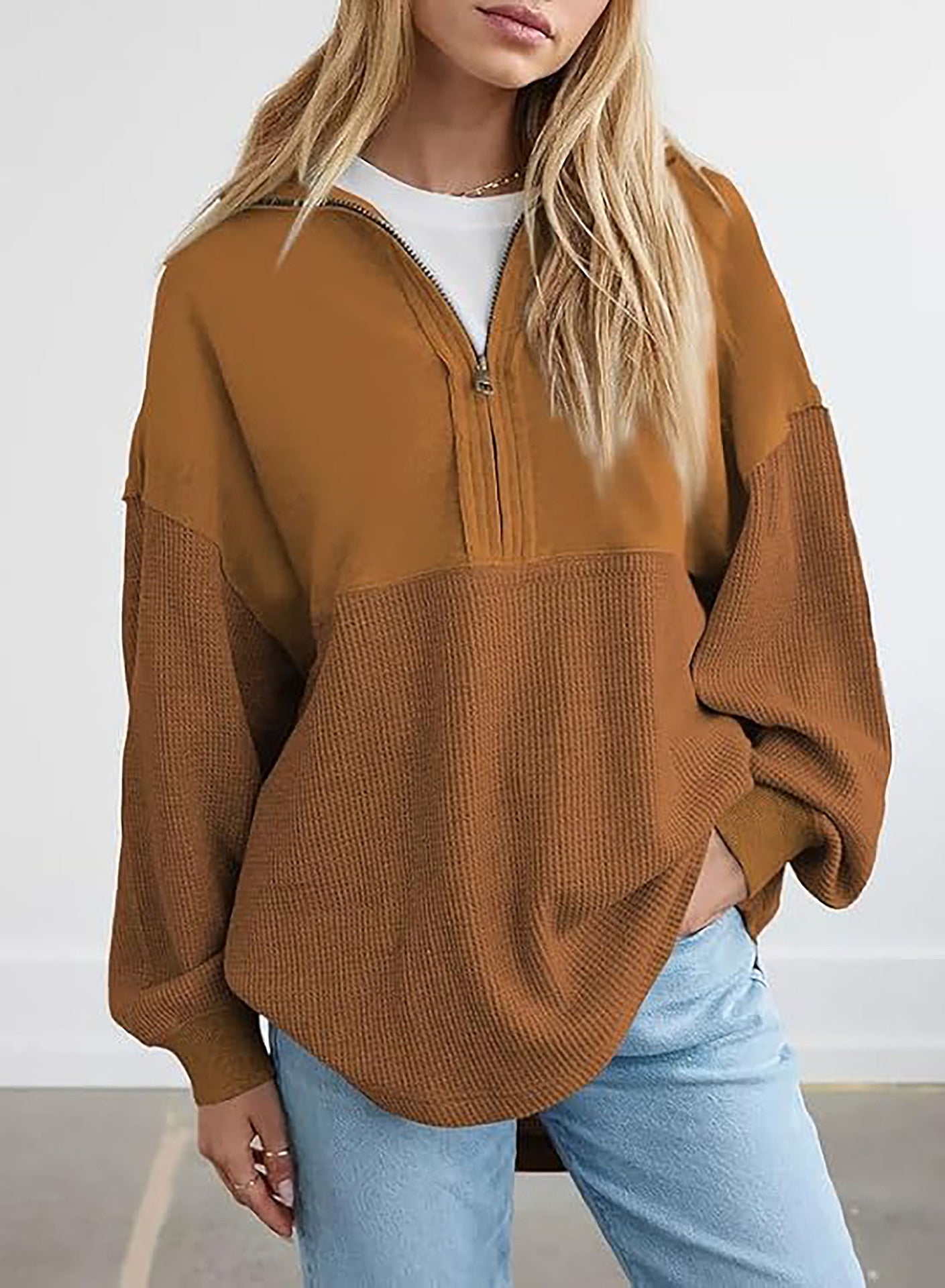 Street Wave Women's Textured Knit Half Zip Hoodie With Cozy Relaxed Fit For Casual Everyday Wear
