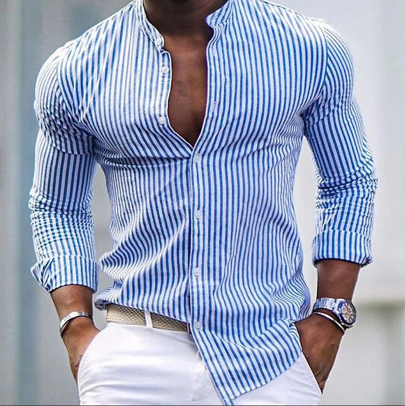 Streetwave Mens Striped Long Sleeve Shirt With Modern Stand Collar Versatile Comfort