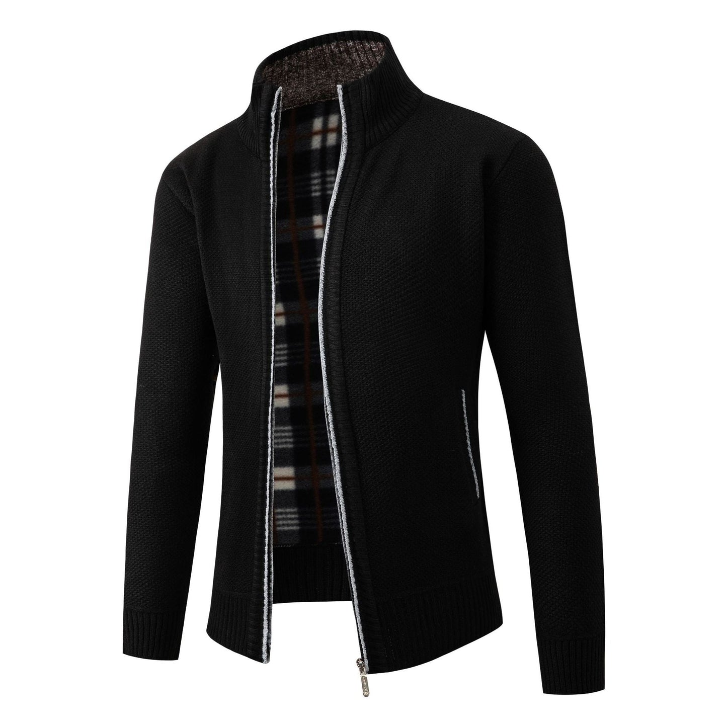Street Wave Mens Knit Cardigan With Modern Stand Collar And Soft Inner Plaid Lining For Everyday Style