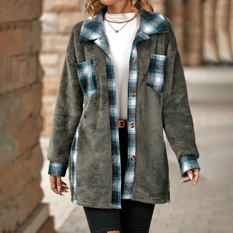 Street Wave Women's Fleece Jacket With Plaid Details And Button Closure For Cozy Warmth