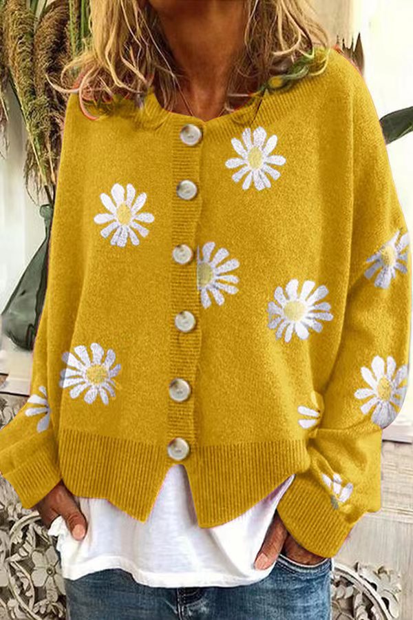 Streetwave Floral Cotton Cardigan For Women With Daisy Print Cozy Spring Knitwear