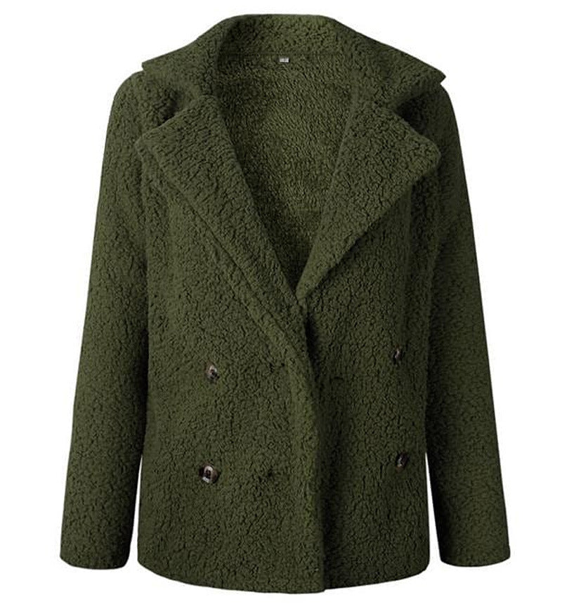 Street-Wave Womens Plush Faux Fur Double-Breasted Blazer Cozy Teddy Texture For Warm Chic Style