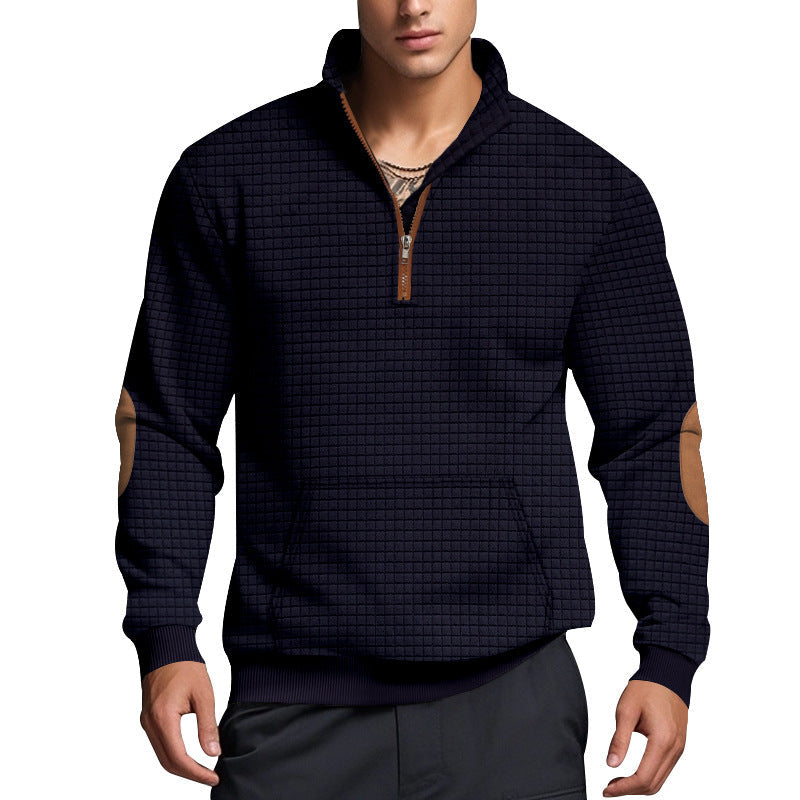 Street-Wave Men's Structured Fleece Pullover With Modern Stand Collar Geometric Texture Cozy Comfort