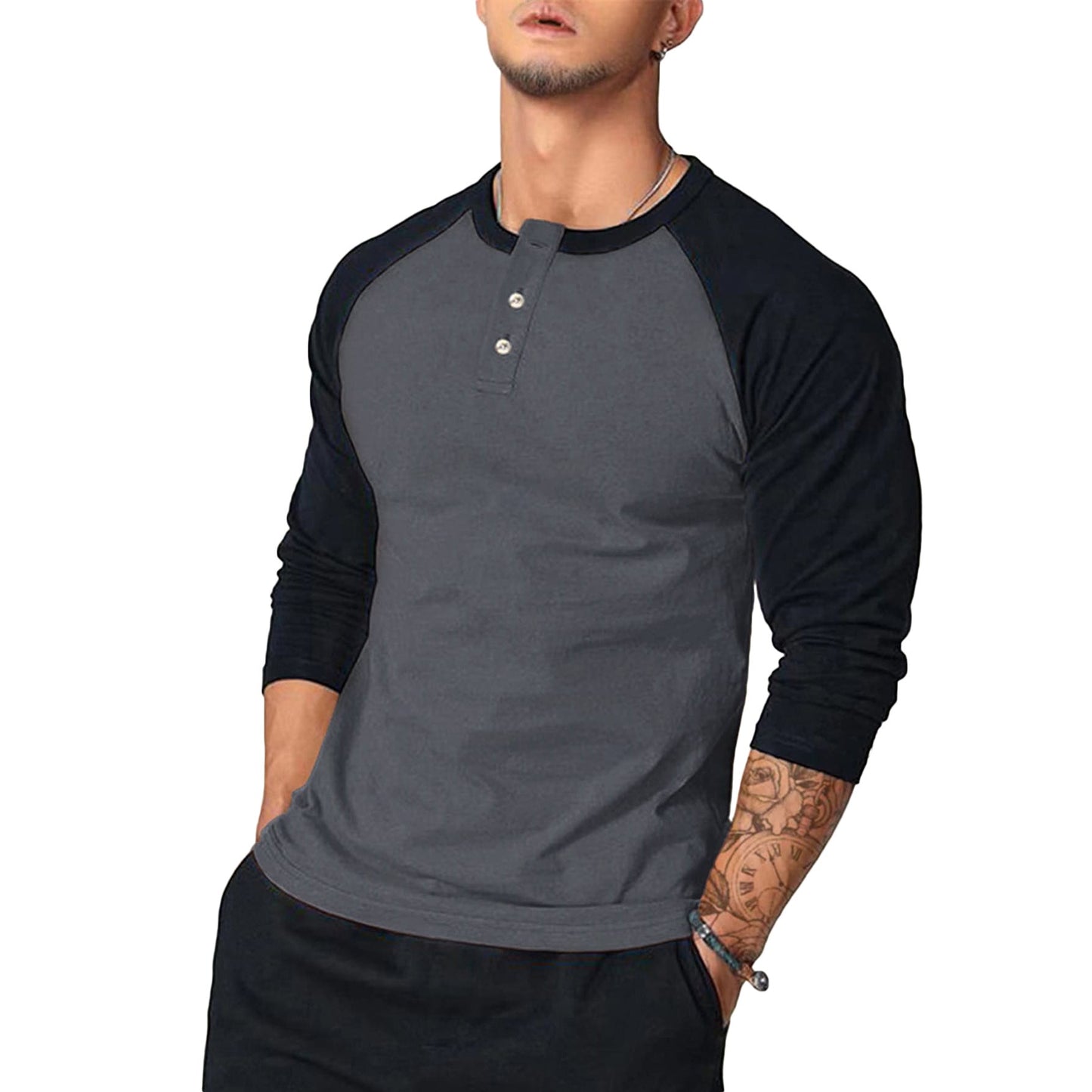 Street-Wave Mens Long Sleeve Henley Shirt With Contrast Sleeves Soft Cotton Comfort