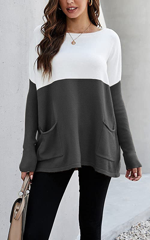 Street Wave Womens Colorblock Knit Sweater With Large Front Pockets Cozy Everyday Essential