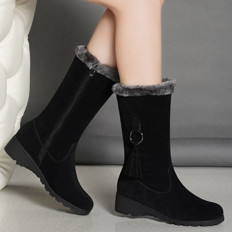 Street-Wave Suede-Look Mid-Calf Boots With Tassel Detail And Cozy Low Wedge Heel For Women
