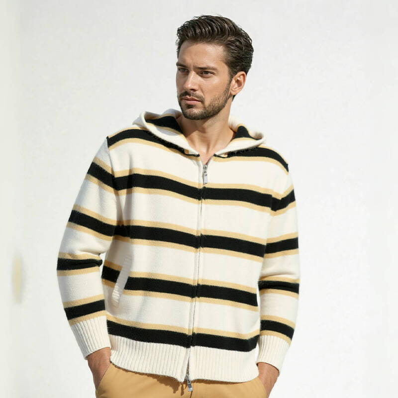Street-wave Men's Quilted Zip Hoodie with Striped Pattern, Full Zipper, Cozy Warmth