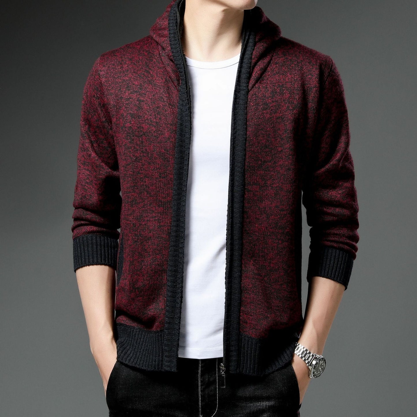 Street Wave Men Hooded Cardigan With Black White Accents Modern Knitwear Comfort Fit