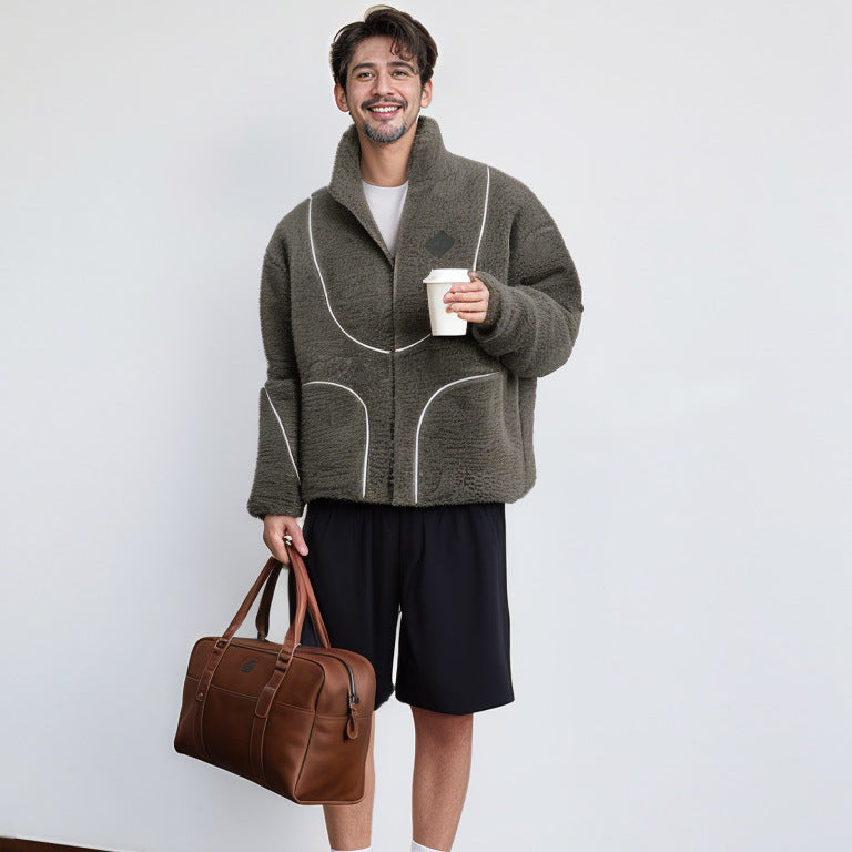 Street Wave Mens Cozy Teddy Jacket With Contrast Stitching For Cold Days Comfort
