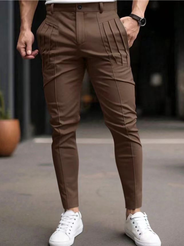 Street-Wave Men's Slim Fit Dress Trousers With Side Pleats For Working Professionals Modern Comfort