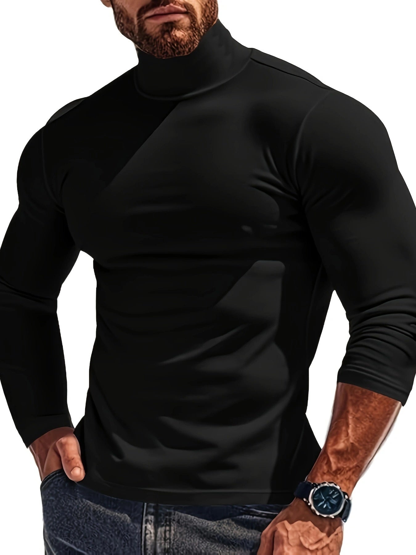 Mens Long Sleeve Turtleneck Shirt Breathable Fabric Street-wave For Modern Men Versatile Comfort