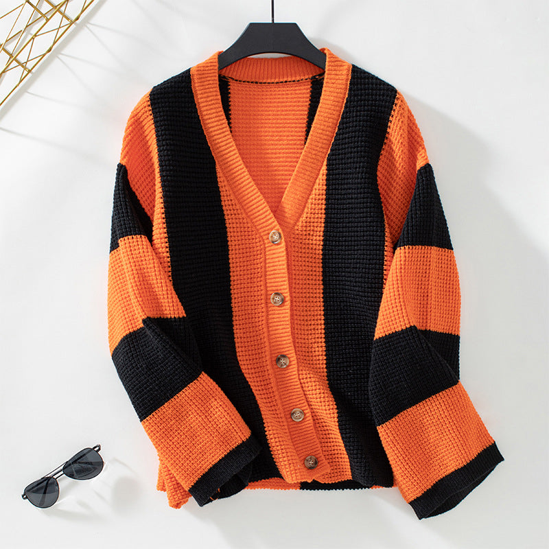 Street-wave Striped Knit Cardigan For Women Cozy Cotton Acrylic Blend Button Front