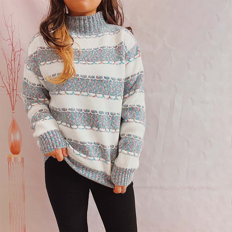 Streetwave Striped Knit Sweater For Women Cotton Acrylic Blend Mock Neck Cozy All Season Warmth