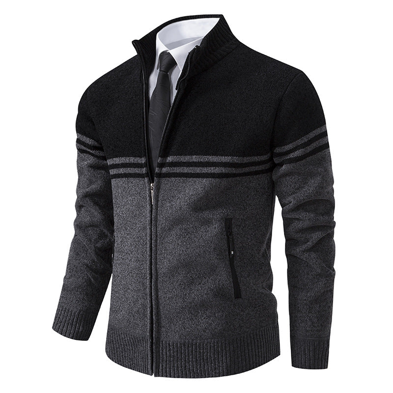 Street-wave Men's Zip Cardigan With Contrast Stripes Modern Knit Jacket For Everyday Office Wear