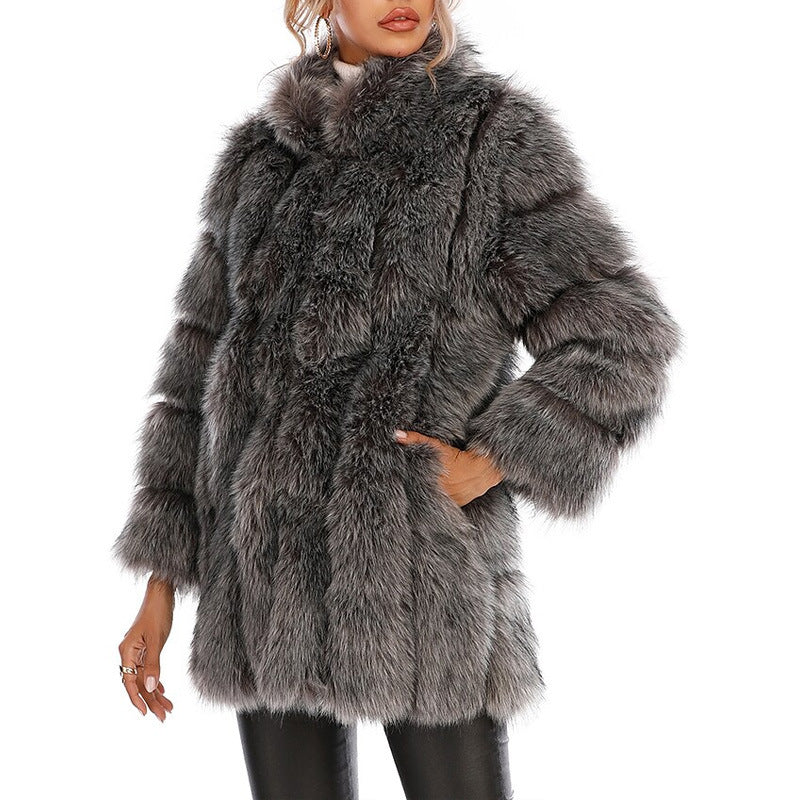 Street Wave Womens Faux Fur Coat Luxurious With Voluminous Sleeves And High Collar