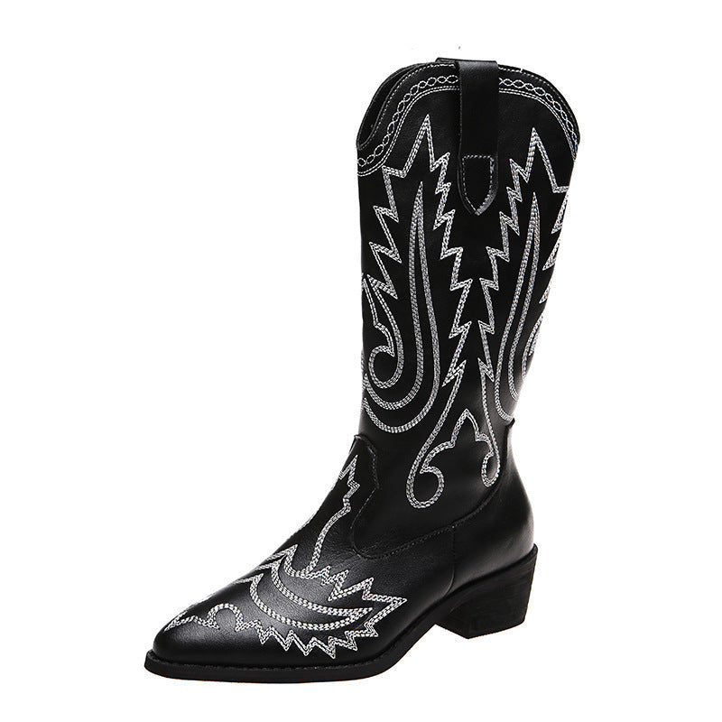 Street-Wave Women's Cowboy Boots With Embroidered Detailing And Elegant Heel For Fashionable Women