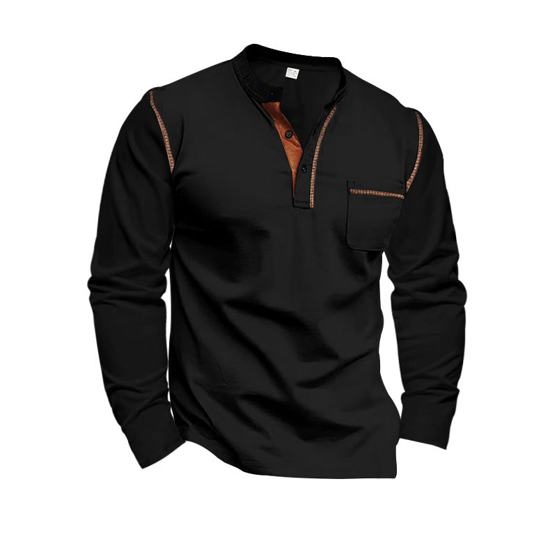 Street-Wave Mens Long Sleeve Shirt With Casual Stand Collar And Contrast Detailing
