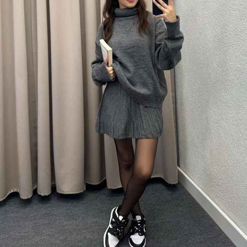 Street Wave Women Elegant Knit Set With Turtleneck Sweater And Flowing Skirt Cozy Chic Ensemble