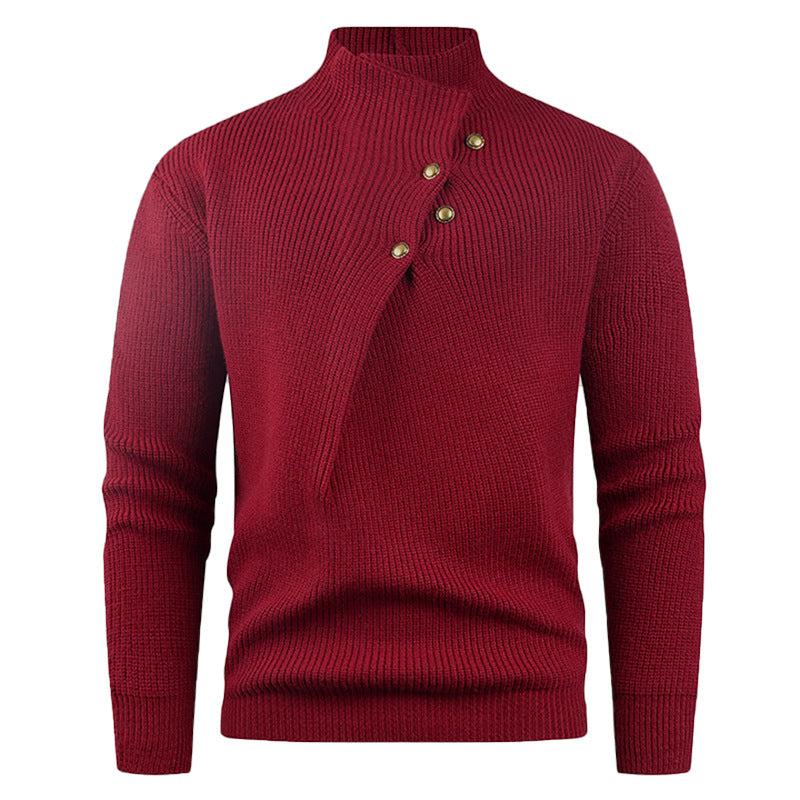 Street Wave Mens Knit Sweater With Asymmetric Collar And Wooden Button Detail Elegant Design For Modern Men