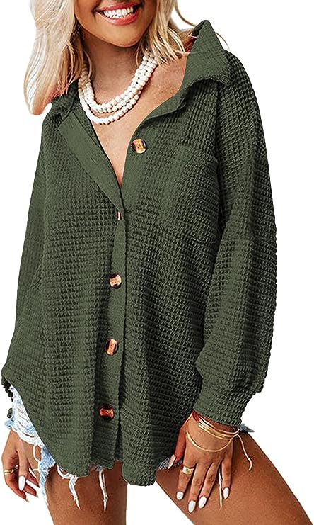 Street Wave Waffle Knit Shirt Jacket Women Oversized Casual Button Front Cozy Chic Everyday Layering