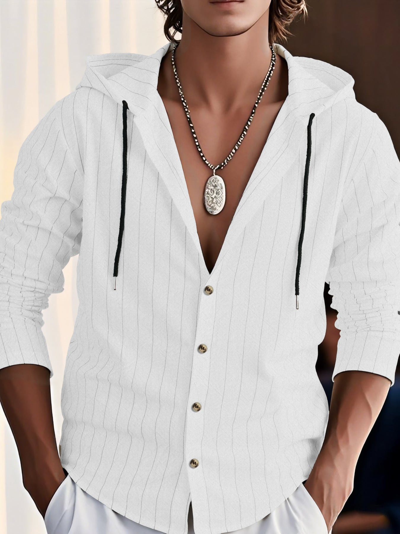 Street-Wave Men's Hooded Blouse Cotton Blend Relaxed Fit Textured Stripes