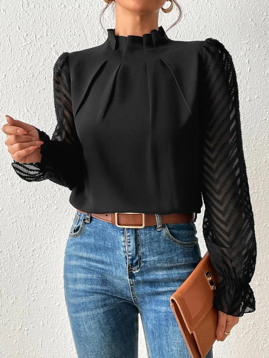 Street-wave Pleated Collar Blouse With Sheer Sleeves For Women, Chic Versatile Top