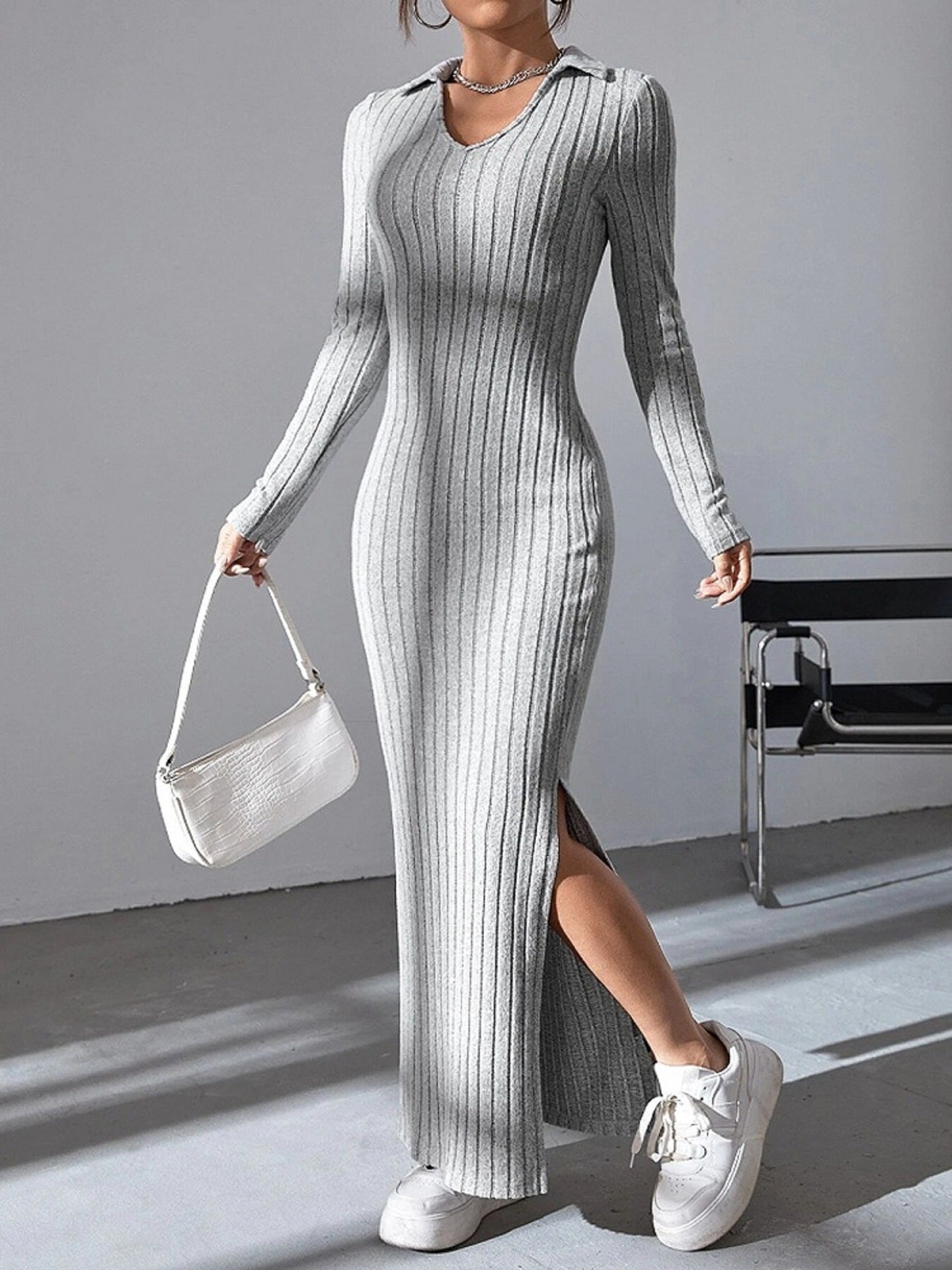 Streetwave Women Maxi Dress With Structured V Neck And Side Slits For Elegant Comfort