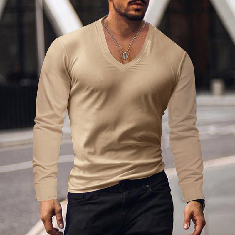 Street-wave Mens V Neck Long Sleeve Shirt Soft Cotton Blend Slim Fit Breathable Everyday Wear