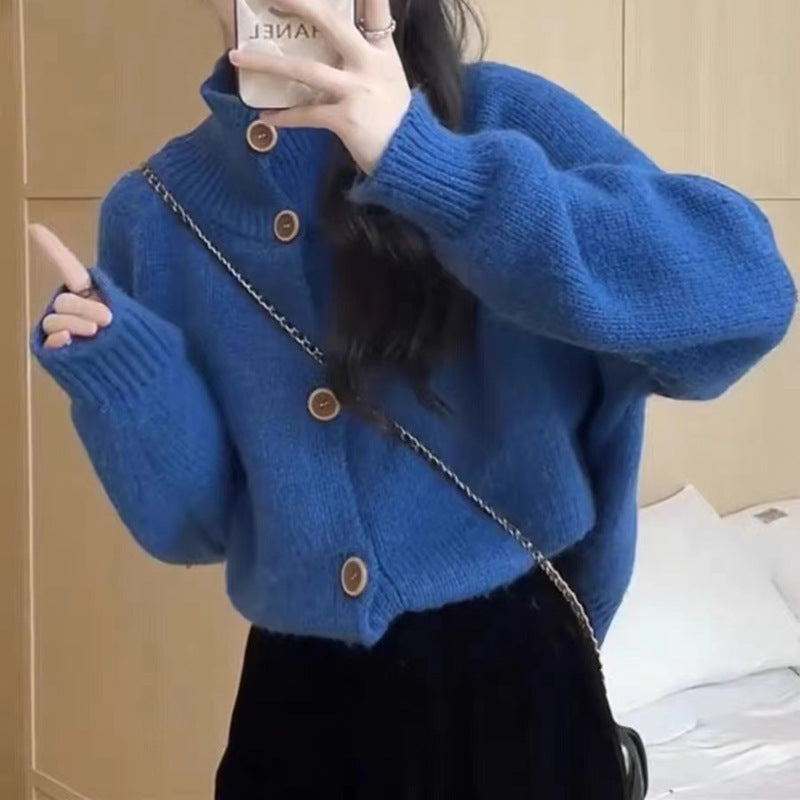 Street-wave Women's Cozy Cardigan With High Collar And Decorative Buttons Soft Knit Warmth For Fall