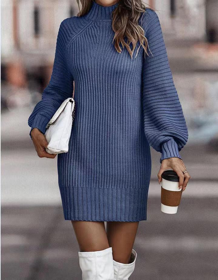 Street Wave Women Knit Dress With Wide Roll Neck And Puff Sleeves Cozy Chic Everyday Style