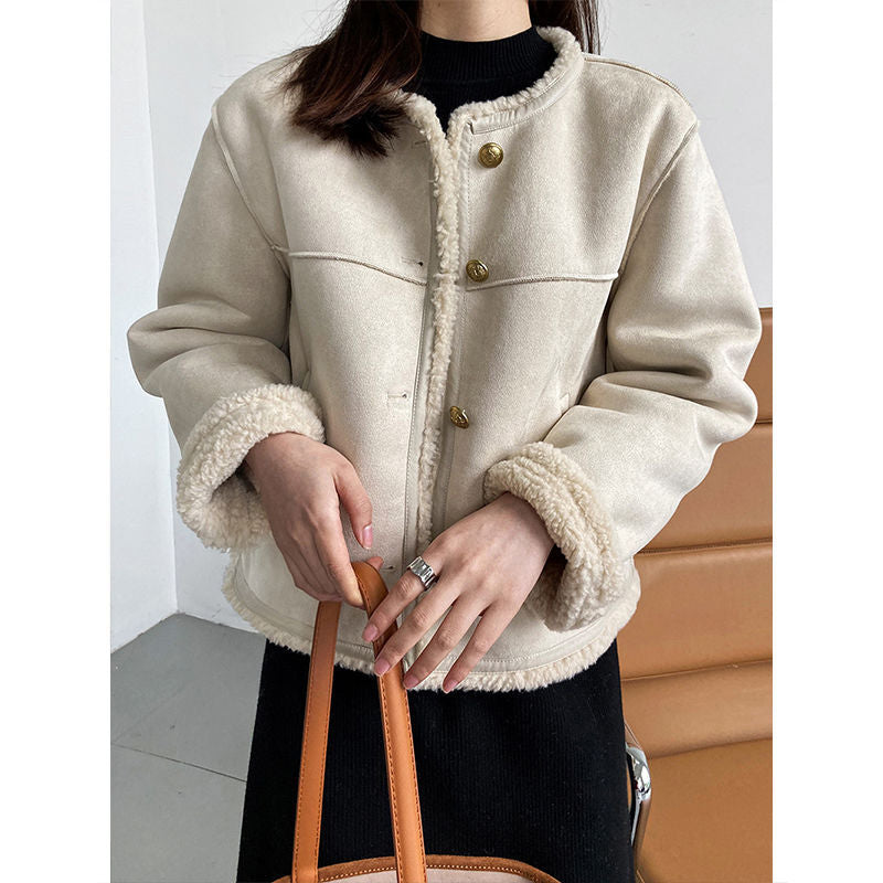 Street-Wave Cozy Faux Shearling Jacket With Fur Trim And Button Front For Women Everyday Style