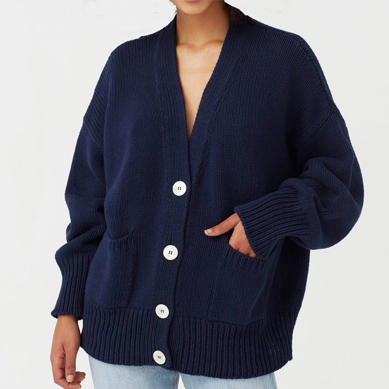 Street-wave Women's Oversized Cardigan With Pockets and V-Neck Soft Cotton Blend Comfort